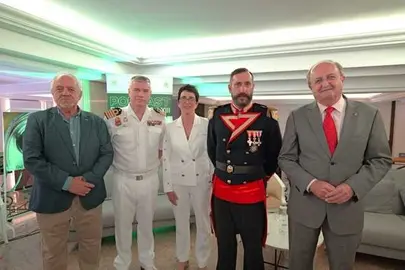 De izquierda a derecha- Diego Quevedo_ Capitán de Navío Alfonso Carrasco_ Eva Gargallo_ Jesualdo Lizón, caracterizado como Isaac Peral_ y Tomás Martínez Pagán, durante la grabación del podcast